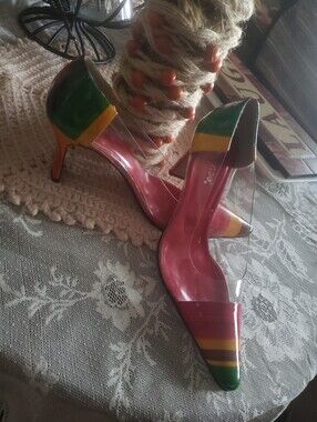 J.Renee Colorblock Clear-Strap Pointed Toe Heels -Red /Green/Yellow